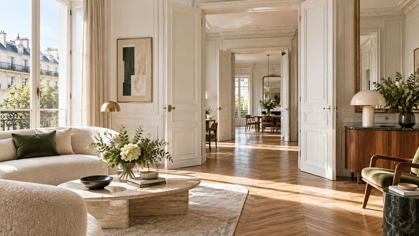 Appartement parisien lumineux, parquet en chêne et perspectives architecturales